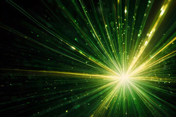 Naklejka premium Abstract green light burst with radiant rays on dark background. Golden green sparkling backdrop with copy space.
