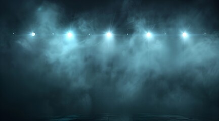 Dark foggy background with stadium lights shining through the smoke, banner design template for sports events - obrazy, fototapety, plakaty