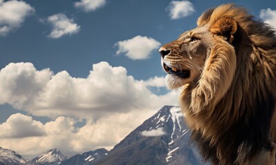 A regal male lion roars with might, his luxurious mane flowing in the breeze, set against a dramatic mountain landscape and a sky dotted with cumulus clouds AI generation