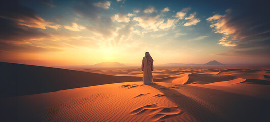 Panoramic image of the desert dusk, rear view of a traveller arabic man walking in the desert among the sand dunes at sunset.