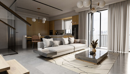Modern apartment living room: Spacious, elegant, and bright. Features white sofa, stylish coffee table, and large windows for abundant natural light. 3d rendering