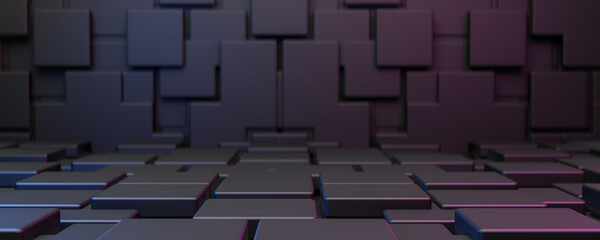 corner filled with black tile illuminated by neon purple and blue lights. It exudes modern, techy vibe perfect for backgrounds in presentations, websites, or digital art pieces. 3d illustration - obrazy, fototapety, plakaty