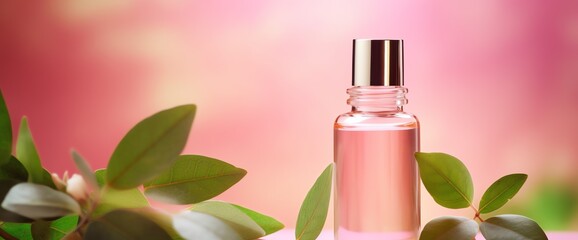 a bottle of liquid with leaves