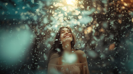  Woman reveling in a shower of flower petals, radiant with joy.