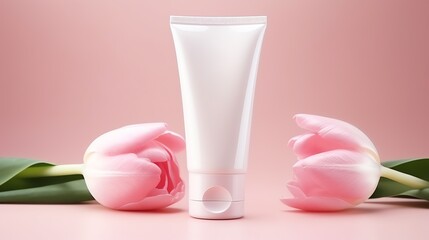 Obraz na płótnie Canvas a white tube of cream next to pink tulips