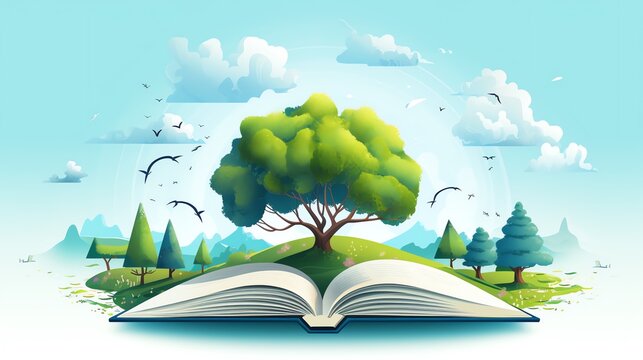 an open book with a tree on the hill