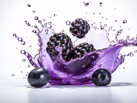 a fruit splashing into a purple liquid