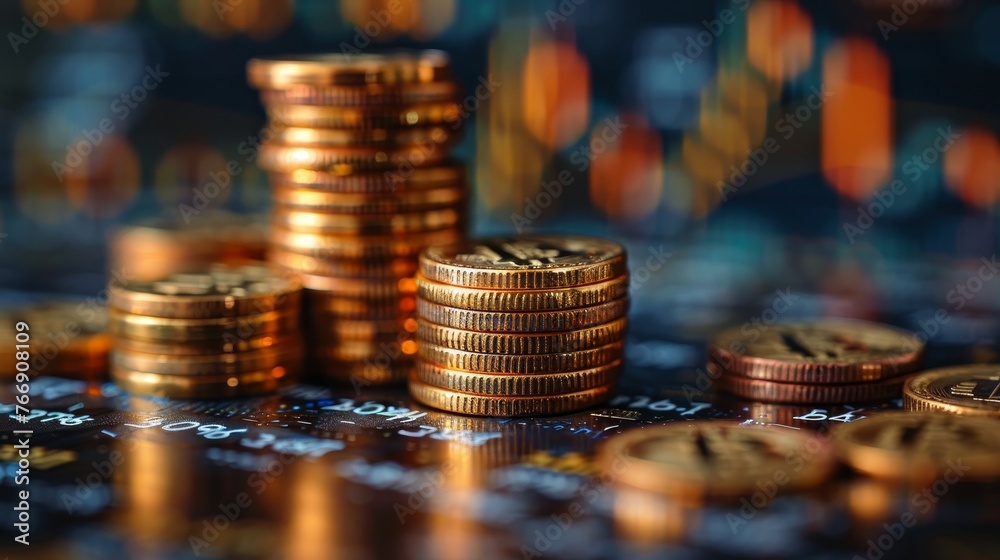 Poster an illustration showing a stack of money coins with a trade graph for investors who are interested i