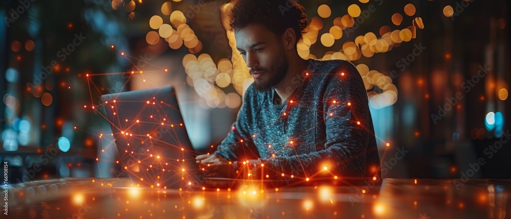 Poster a businessman working on a laptop, with icons displayed on a virtual screen, against a blurred backg