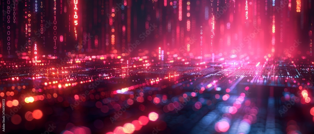 Poster The concept of digital transformation. System engineering. Binary code. Programming.
