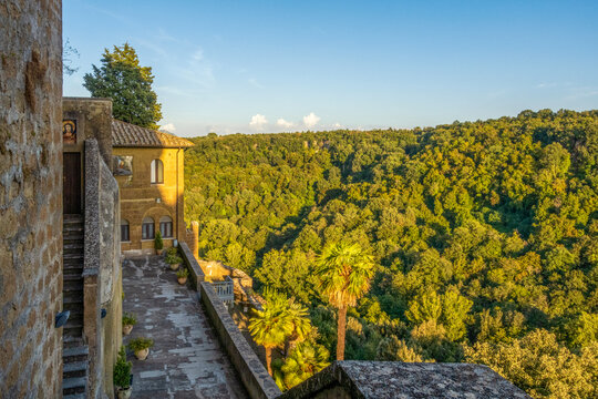 Italy, Lazio, Castel SantElia, Forested valley seen from Santuario Santa Maria ad Rupes