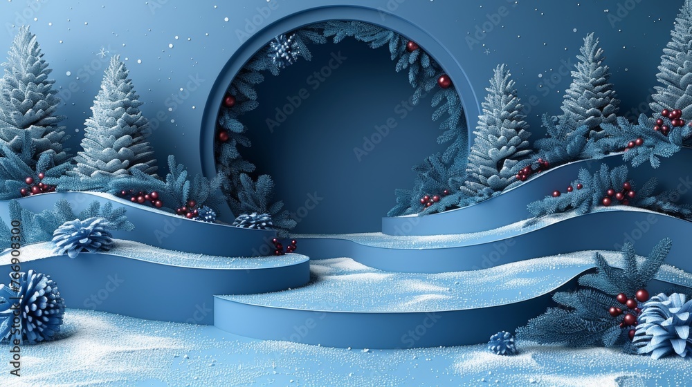 Poster Stage style with blue paper cut art and craft on a color background with festive elements for Merry Christmas, Happy New Year, and festivals.