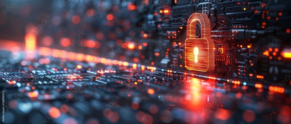 Aufkleber Internet authorized access against cyber attack privacy business data concept. Digital padlock icon, Cyber security technology network data protection technology virtual dashboard. Computer network