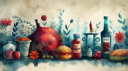 Stylized still life illustration with whimsical elements and food. Generated AI. - 766908376