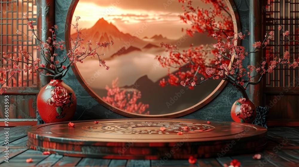 Aufkleber on the background is a 3d rendering illustration of podium round stage podium and paper art chinese 