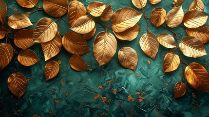A luxury gold decoration art wallpaper. A modern painting with golden leaves, a plant line, feathers, and green background. A floral pattern with golden leaves, a plant line, feathers, and a green