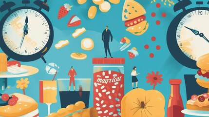 Surreal illustration with oversized food and people interacting with timepieces. Generated AI. - 766908534