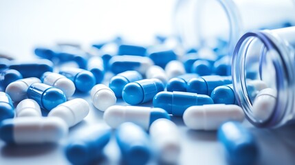 a close up of blue and white pills - obrazy, fototapety, plakaty