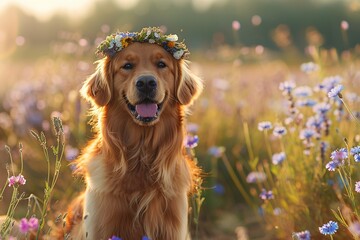 Golden Retriever with a flower crown sitting in a field of flowers. Generated AI. - 766908763