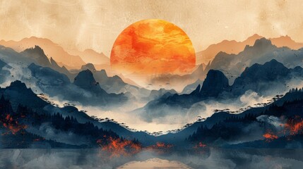 A background of abstract art incorporating Chinese wind wallpaper, ink wash, modern Chinese style, landscape painting, golden brushstrokes, paintings, posters and cards. - obrazy, fototapety, plakaty