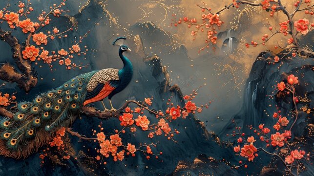 Artistic background. Vintage illustration, floral plants, branches, peacocks, gold. Painting. Wallpapers, posters, cards, murals, prints....