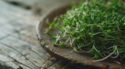 Microgreens growing on a rustic wooden plate. Generated AI. - 766909104
