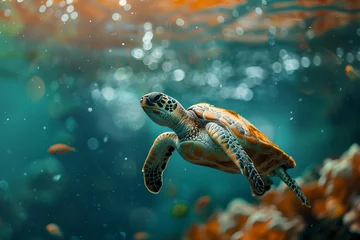 Fotobehang  underwater landscape with sea turtle, copy space © ALL YOU NEED studio