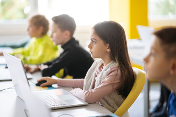 Dedicated girl using laptop at desk learning computer coding in classroom
