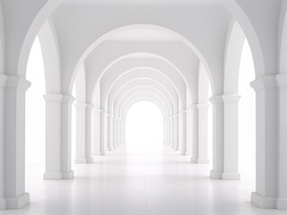 a white hallway with arches and columns