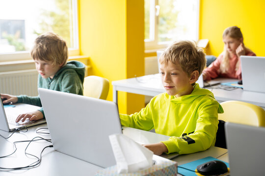 Blond boys using laptops learning computer coding in classroom