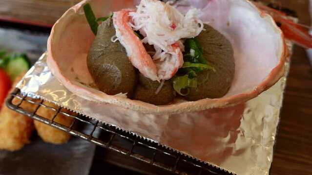 Japanese food kani miso and croquette King taraba crab fat mixed with bean paste grilling and battered crab cream cake