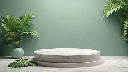 White granite stone pedestal, simple round stand with green tropical plants around. Product presentation concept.