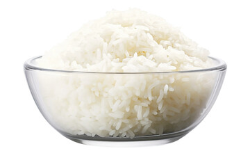 Bowl full of cooked white rice, isolated on empty background.