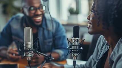 Podcast host and guest having a conversation in front of microphones, capturing the dynamic atmosphere of a recording session