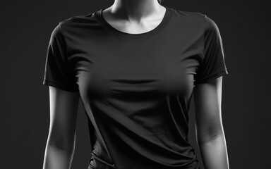 Woman torso with black t shirt on black background
