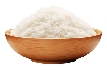 Bowl full of cooked white rice, isolated on empty background.
