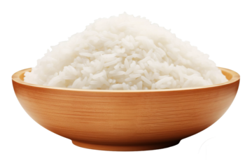 Bowl full of cooked white rice, isolated on empty background.