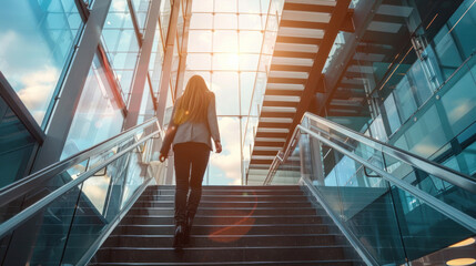 A woman is captured mid-step ascending a modern stairway encased in a glass-paneled structure, under a glowing sky