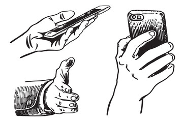 Graphical set of  hands holding smartphone and   approval gesture of hand, vector illustration. Ink pen drawing, technology. Business concept	