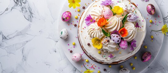 Obraz na płótnie Canvas Easter cake topped with flowers and mini chocolate eggs on a white marble background, wishing you a Happy Easter. Top view with space for text.