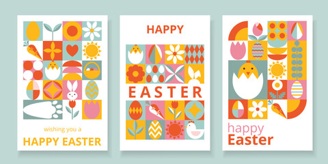 Fototapeta na wymiar Collection 3 multicolored celebration posters for Happy Easter. Trendy design with geometric forms and typography.. Template for card, poster, flyer, banner, cover