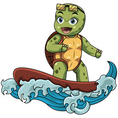 Cartoon turtle surfing in the sea
