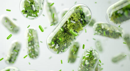 multiple green capsule pills floating in the air, each containing micro Battis and moss - obrazy, fototapety, plakaty