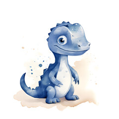 Blue dinosaur cartoon character Illustration with white background in watercolor style.