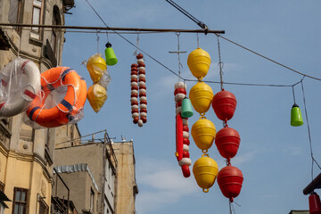 Istanbul, Turkey Sea buoys and liferings hanging over the street in the Galata district.