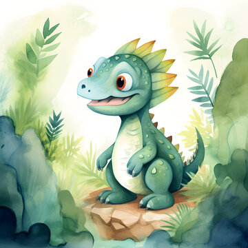 Green dinosaur cartoon character Illustration in watercolor style.