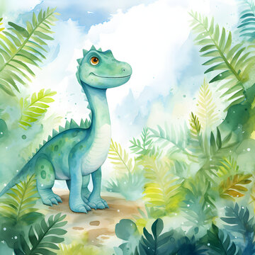 Green dinosaur cartoon character Illustration with jungle background in watercolor style.