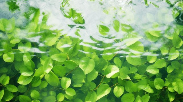 Green leaves on the surface of the water. Beautiful background with water ripples for product presentation. Summer refreshing background.