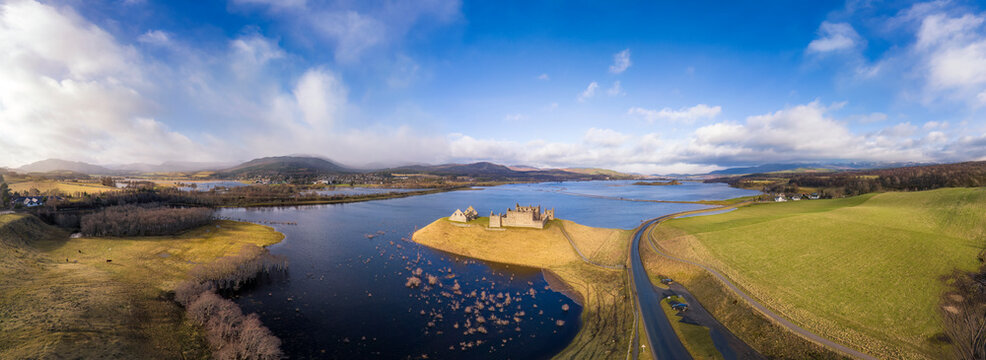 UK, Scotland, Ruthven, Aerial panorama ofRuthvenBarracks and surroundinglake