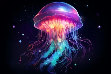 Fotobehang a colorful jellyfish with glowing tentacles © Aliona
